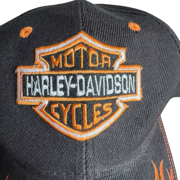 Harley Davidson Motorcycles Black Orange Flame Adjustable Hat Cap Velcro Back OS - Picture 3 of 9